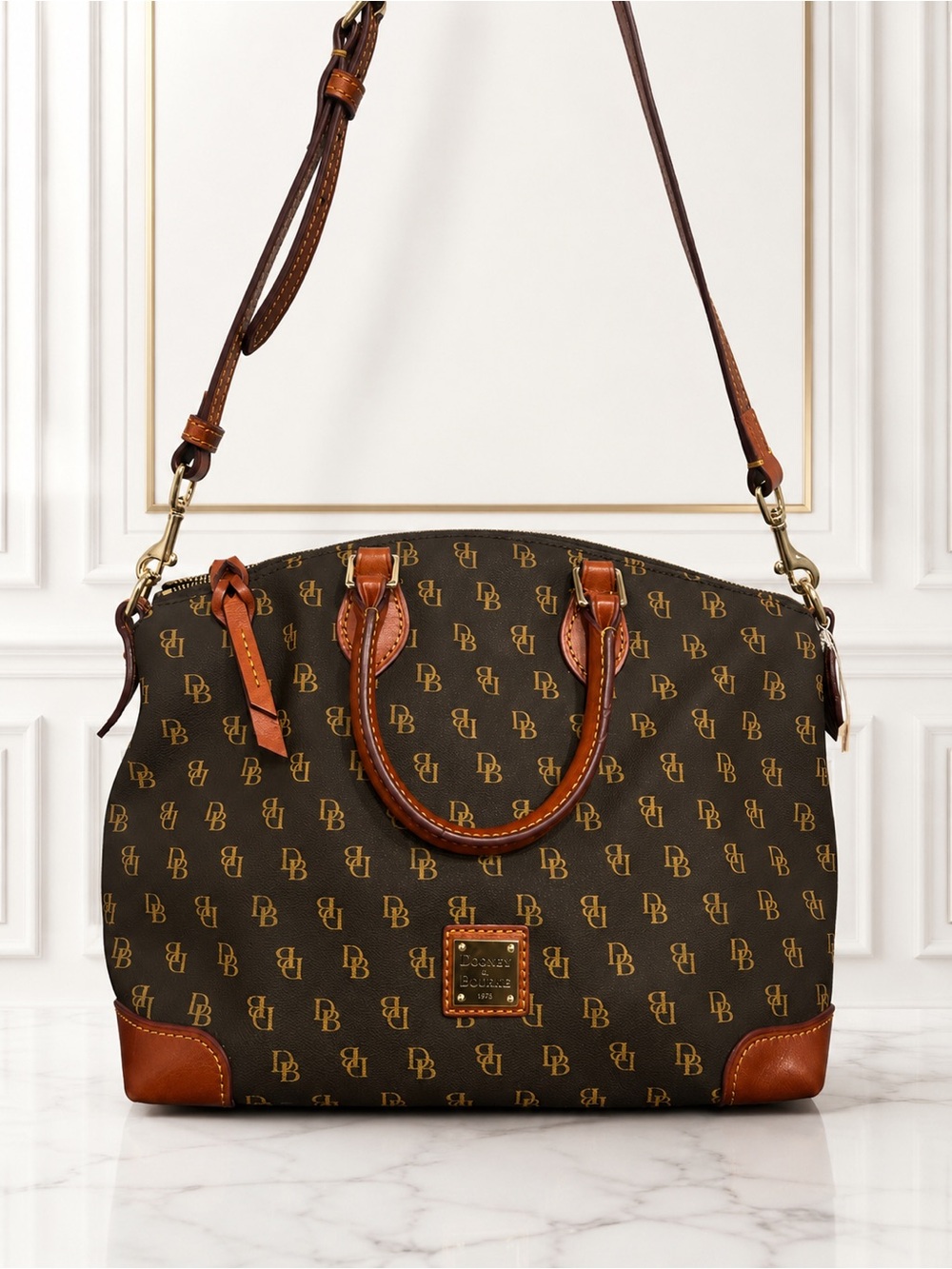 Dooney & Bourke Gretta Domed Satchel Color Brown Tmoro Logo Pattern Leather Trim